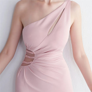 Sexy One-Shoulder Soft Satin Pleated Dress with Beading - Long Evening Party Maxi Dress with Slit for Women