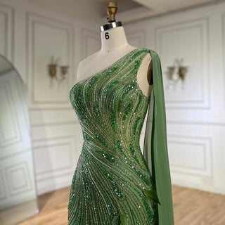 2024 Arabic Green One Shoulder Beaded Feathers Luxury Evening Gown with Side Cape Shawl for Women's Party