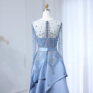 Arabian Luxury Blue Beaded Evening Gown with Long Sleeves and Overskirt for Dubai Women’s Wedding Party