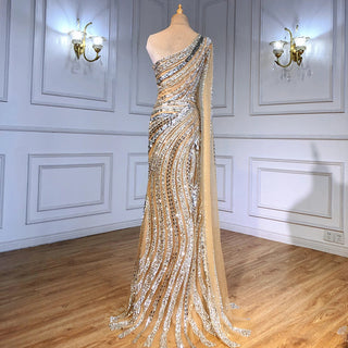 Silver Siren: Nude Illusion One-Shoulder Beaded Mermaid Evening Gown 2024