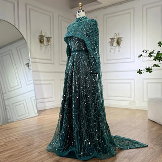 Ships in 1 to 3 Days – Elegant Hijab Muslim Nude A-Line Long Cape Evening Dress - Luxury Dubai Gown for Women's Wedding Party 2024