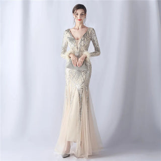 Sexy Gold Sequin Feather Long Sleeve Prom Dress - Evening Party Maxi Dress for Women