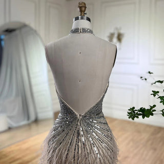 Ships in 1 to 3 Days - Dubai Halter Beige Feathers Beaded Formal Luxury Mermaid Evening Dress for Women Wedding Party 2024