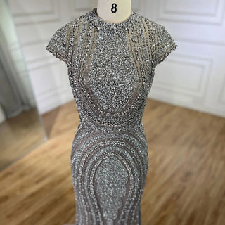 2024 Arabic Dubai Gray Nude Mermaid Floor-Length Beaded Luxury Evening Dress - Gown for Women's Wedding Party