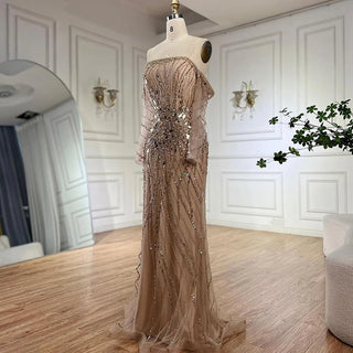 Ships in 1 to 3 Days - 2024 Arabia Gold Mermaid Luxury Beaded Off-Shoulder Dubai Evening Dress - Gown for Women's Wedding Party