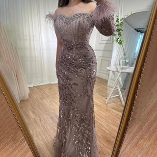 Rose Gold Off-Shoulder One-Sleeve Mermaid Feather Evening Dress - High Split Party Gown for Women