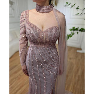 Arabic Pink Mermaid Evening Dress 2024 - Cape Sleeve, High Split, Beaded Gown for Women's Wedding Party