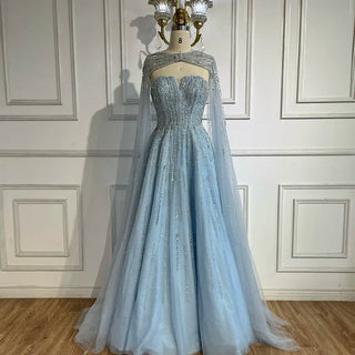 2024 Arabic Blue Cape Sleeves A-Line Beaded Evening Dress | Long Celebrity Gown for Women's Wedding Party