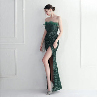 Off-Shoulder Green Sequin Evening Dress with Feather Details and Sexy Slit - Floor-Length Party Maxi Celebrity Dress