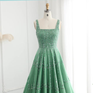 Luxury Beaded Dubai Green Evening Gown with Spaghetti Straps - Arabic Wedding Party Dress