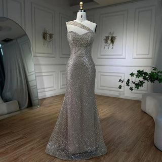 Ships in 1 to 3 Days - 2024 Arab Nude One Shoulder Mermaid Evening Dress: Elegant Luxury Gown with Beading for Women's Party