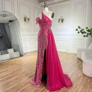 Arabic Fuchsia One-Shoulder Tulle Overskirt Mermaid Beaded Evening Gown for Women Wedding Party 2024