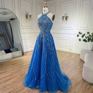 Ships in 1 to 3 Days - Elegant Blue Arabic A-Line Halter Gown Luxury Dubai Evening Dress for Women - Wedding Party 2024