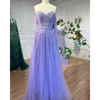 Ships in 1 to 3 Days - Blue A-Line Off-Shoulder Cape Sleeves Evening Dress 2024 - Beaded Luxury Gown for Women's Arabic Party