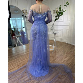 Stunning Dubai Blue Mermaid Evening Dress - Sexy High Split with Skirt Beaded Gown for Women's Wedding Party 2024