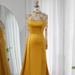 Opulent Olive: Luxury Dubai Mermaid Evening Dress with Long Sleeves for Elegant Weddings