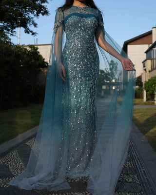 Mermaid Turquoise Crystal Dubai Evening Dress with Cape Sleeves Arabic Women Wedding Party Gown