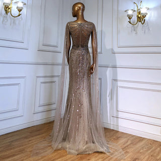 Cocoa Splendor: Brown Mermaid Gown with Beaded Cape Sleeves – 2024 Luxury Evening Collection