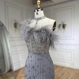 Gray Elegant Halter Feathers Beaded Luxury Mermaid High Split Evening Dress: Party Gown for Women