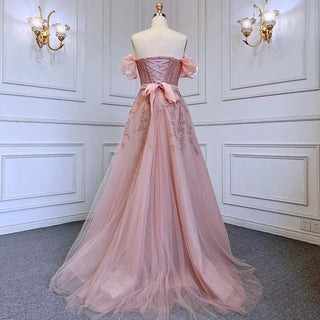 Blush Pink A-Line Sexy Off-Shoulder Arabic Beading Crystal Luxury Evening Dress: Women's Formal Prom Dress