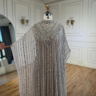 Ships in 1 to 3 Days - Luxury Dubai Silver Nude Mermaid Evening Dress with Cape Arabic Gowns with Beaded Details for Women's Party 2024