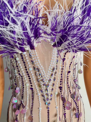 Luxurious Lavender Feather and Sequin Embellished Sheer Midi Dress