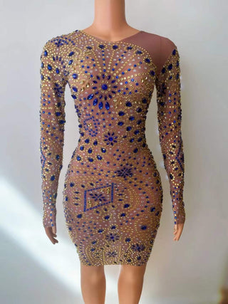 Exquisite Sheer Long-Sleeve Mini Dress with Blue and Gold Crystal Embellishments