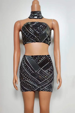 Embellished Satin Halter Crop Top and Mini Skirt Set