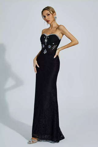 Ships in 1 to 3 Days - Strapless Lace Gown with Embroidered Floral Accents