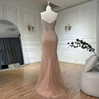 Arabic Nude Cape Sleeves Beaded Saudi Evening Gown – 2025 Customized Elegance