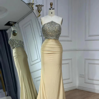 Saudi Arabic Gold Mermaid Evening Gown Crystal Beaded Dress for Occasion