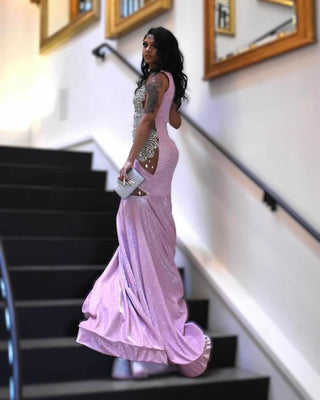 Stunning Pink Mermaid Gown with Crystal Embellishments and Sheer Details