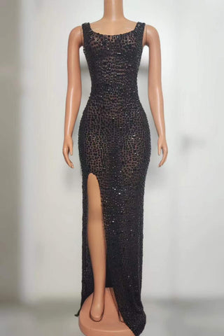 Glittering Sequin High-Slit Gown with Square Neckline