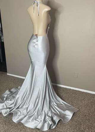 Crystal-Embellished Silver Evening Gown with High Slit and Flowing Train