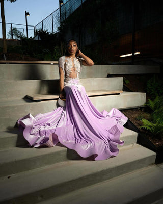 Exquisite Sheer Embellished Gown with Crystal Appliqué and Floor-Length Train