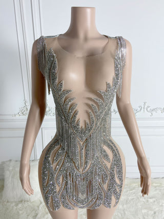 Crystal-Embroidered Sheer Mini Dress with Draped Chain Details