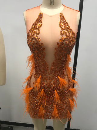 Vibrant Orange Beaded Mini Dress with Feather Accents and Sheer Panels