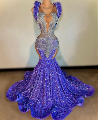 Radiant Purple Sequin Mermaid Gown with Dramatic Train and Crystal Accents