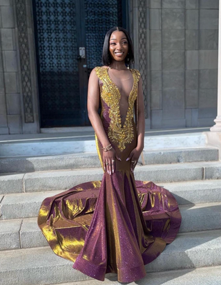 Glamorous Golden & Burgundy Beaded Mermaid Dress