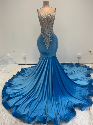 Elegant Velvet Blue Mermaid Gown with Intricate Silver Beading