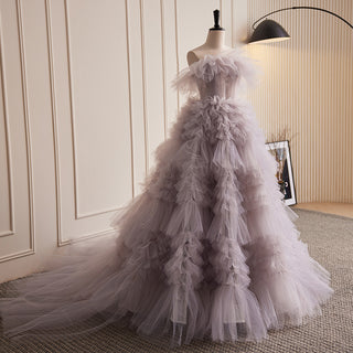 Ethereal Layered Tulle Ball Gown with Off-the-Shoulder Ruffle Detailing