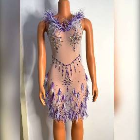 Elegant Lavender Feather and Sequin Embellished Sheer Mini Dress