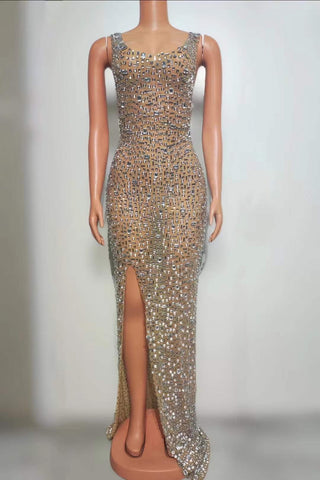 Glittering Sequin High-Slit Gown with Square Neckline