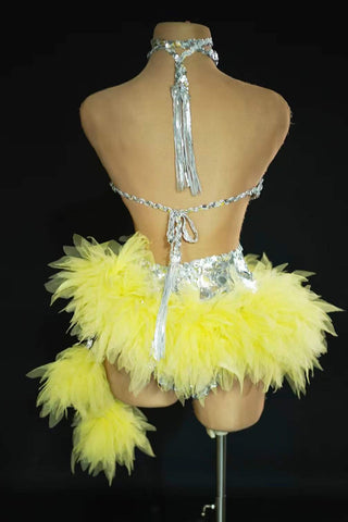 Bold Silver Sequin and Neon Feather Halter Dress