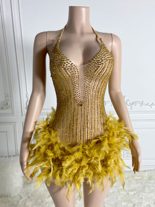 Glamorous Feather Embellished Mini Dress with Rhinestone Detailing