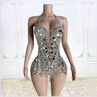 Halter Neck Mini Dress with Mosaic Embellishments and Sheer Illusion Bodice