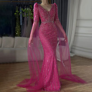 Ships in 2 to 5 Days - Fuchsia Mermaid Evening Gown with Cape Sleeves and Beaded Embellishments for Formal Occasion