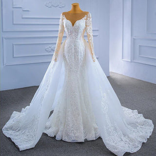 White Elegant Detachable Train Bridal Gown Mermaid Wedding Dress