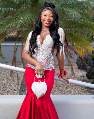 Glamorous Red Mermaid Gown with Beaded Fringe Details