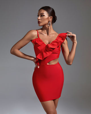 Ships in 1 to 3 Days - Asymmetric Ruffle Strap Mini Dress with Waist Cutout